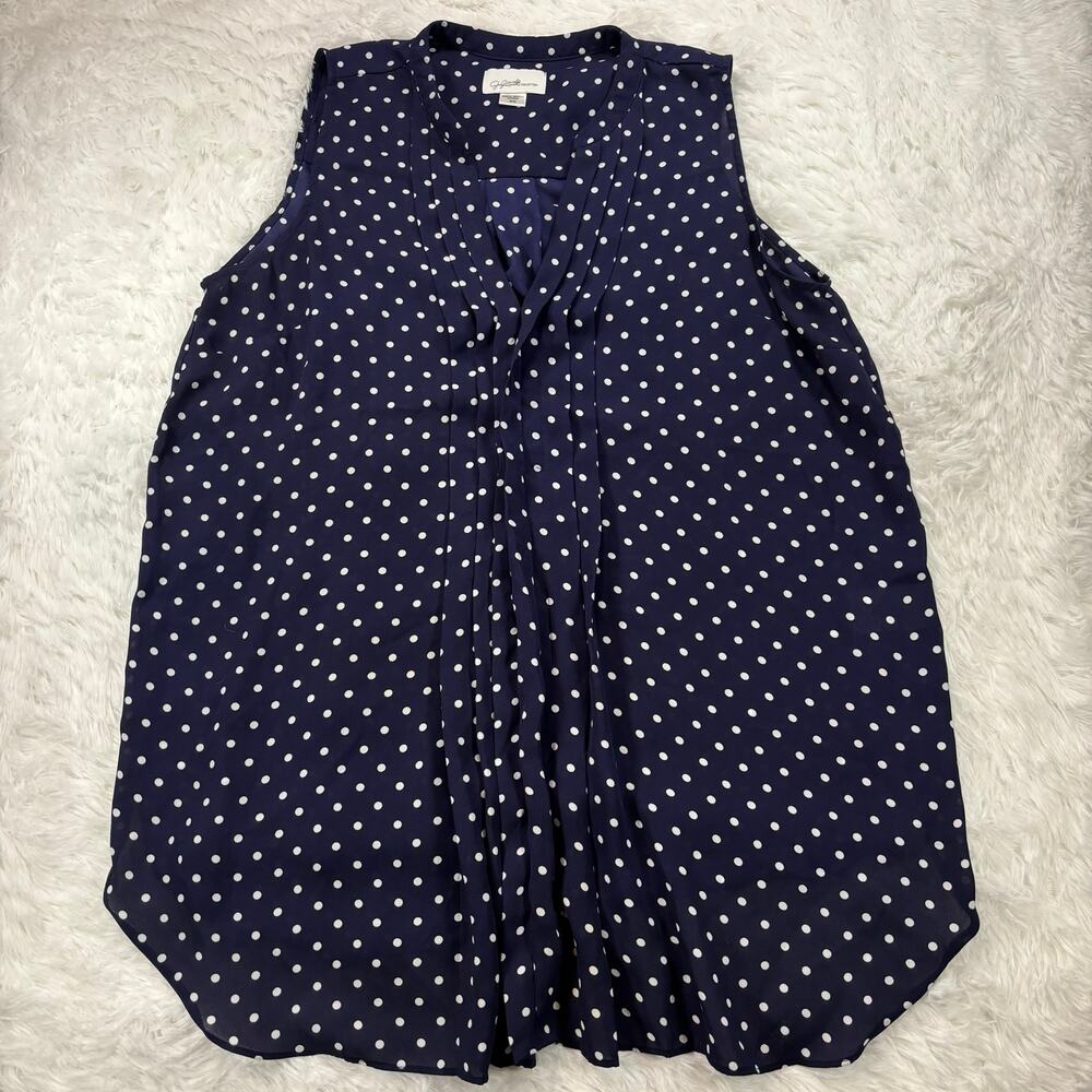Navy Blue Polka Dot Sleeveless Blouse Pleated V Neck Flowy Shell Tank M